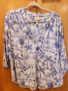 St. John's Bay White Tunic with Blue Tropical Sketch Print